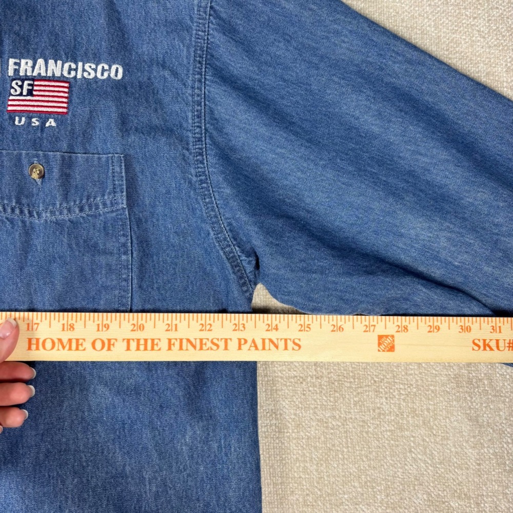 Denim Shirt Mens Large Blue Long Sleeve San Francisco USA Embroidery 90s Relaxed - Picture 3 of 7